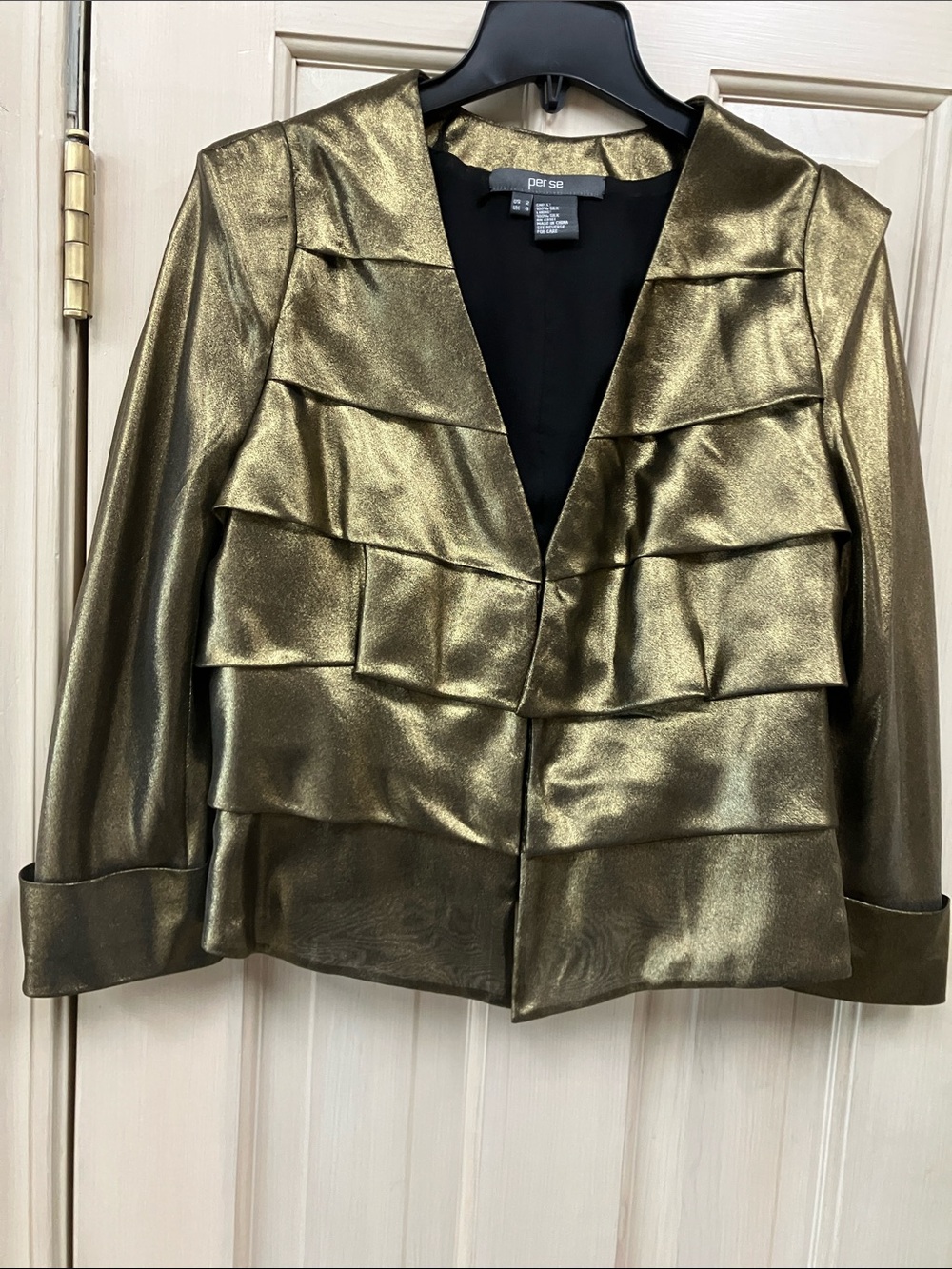 Per Se Metallic Gold Tiered Ruffle Blazer or Blouse